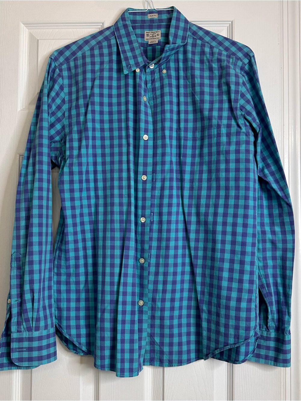 J. Crew Teal and Navy Check Long-Sleeve Button-Down Shirt Men's Size Large - Picture 5 of 10